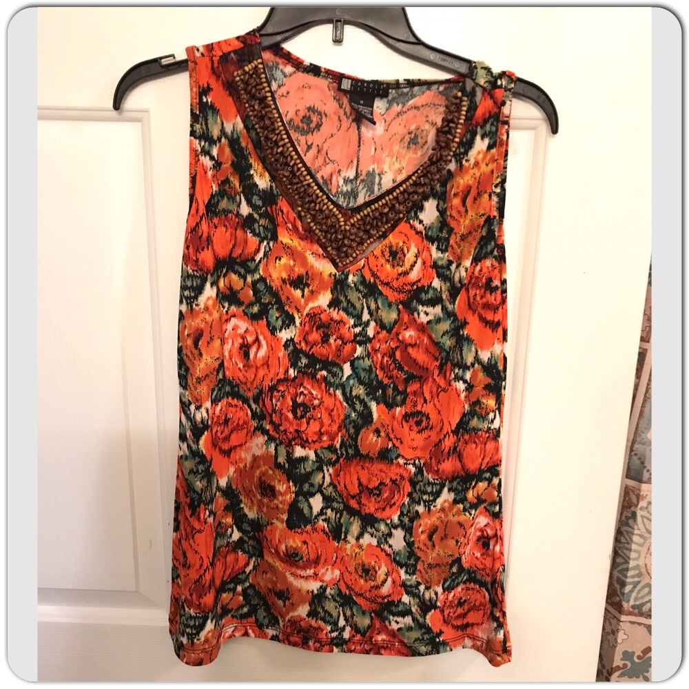 Carole Little Orange Rose Print Sleeveless Blouse